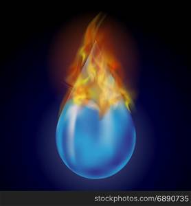 Burning Water Drop with Fire Flame Isolated on Blue Background. Burning Water Drop with Fire Flame