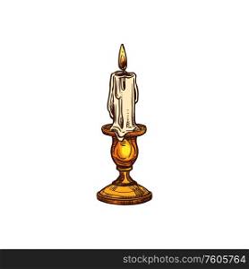 Burning wax candle with flame isolated sketch. Vector guttering candle in candlestick. Wax burning candle in candlestick isolated sketch