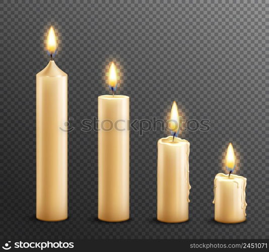 Burning wax candles realistic set of 4 arranged from tall to law on dark transparent background vector illustration . Burning Candles Realistic Transparent Background