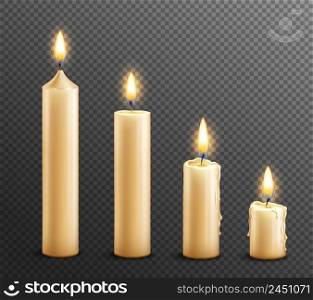 Burning wax candles realistic set of 4 arranged from tall to law on dark transparent background vector illustration . Burning Candles Realistic Transparent Background