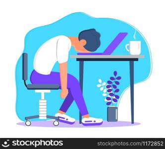 Burnout in professional life, emotional collapse concept vector. Tired frustrated freelancer is sitting at the table. Young man in stress in the office. Brainstorming is out.. Burnout in professional life, emotional collapse concept vector. Tired frustrated freelancer is sitting at the table. Young man in stress in the office.