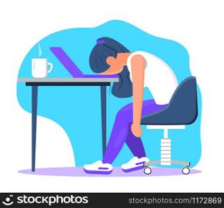 Burnout in professional life, emotional collapse concept vector. Tired frustrated freelancer is sitting at the table. Young woman in stress in the office. Brainstorming is out. Unsolved working tasks.. Burnout in professional life, emotional collapse concept vector. Tired frustrated freelancer is sitting at the table. Young woman in stress in the office. Brainstorming is out.