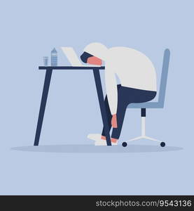 burnout syndrome. An exhausted guy sits with his head down on his laptop