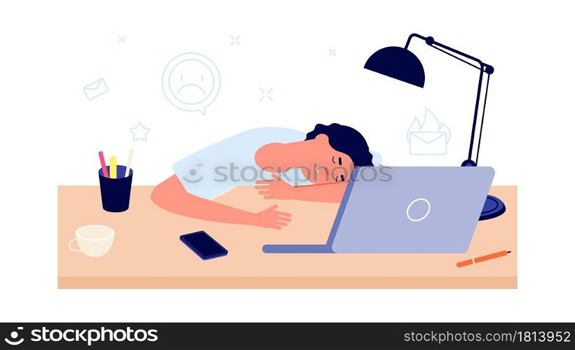 Burnout syndrome. Exhausted at work, tired man sleep at office desk. Stress or frustrated, cartoon person overload concept. Worker fatigue, procrastination vector illustration. Exhaustion stress man. Burnout syndrome. Exhausted at work, tired man sleep at office desk. Stress or frustrated, cartoon person overload concept. Worker fatigue, procrastination vector illustration