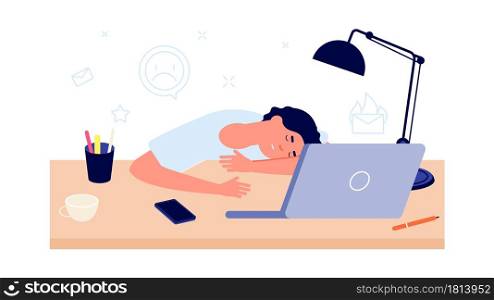 Burnout syndrome. Exhausted at work, tired man sleep at office desk. Stress or frustrated, cartoon person overload concept. Worker fatigue, procrastination vector illustration. Exhaustion stress man. Burnout syndrome. Exhausted at work, tired man sleep at office desk. Stress or frustrated, cartoon person overload concept. Worker fatigue, procrastination vector illustration