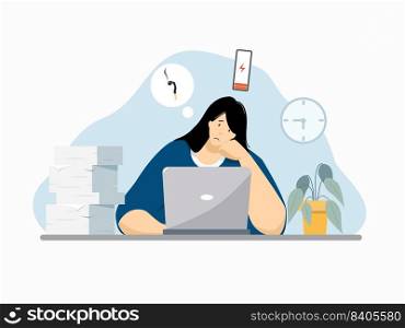 Burnout woman flat vector illustration. Tired and sad female character working on computer at her workplace. Person unhappy with her job at the office. Mental burnout concept.