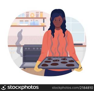 Burnt cookies 2D vector isolated illustration. Upset woman with failed baked food flat characters on cartoon background. Accident in kitchen. Everyday situation and daily life colourful scene. Burnt cookies 2D vector isolated illustration