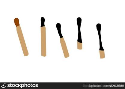 Burnt match. Set for lighting fire. New and charred wooden stick. Flat illustration isolated on white