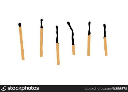 Burnt match. Set for lighting fire. New and charred wooden stick. Flat illustration isolated on white. Burnt match. Set for lighting fire.