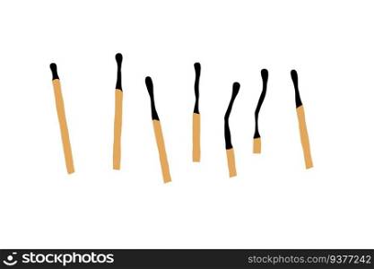 Burnt match. Set for lighting fire. New and charred wooden stick. Flat illustration isolated on white