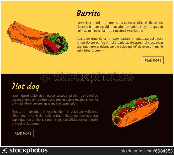 Burrito and hot dog fast food set. Nutritious meal made of bread, vegetables and salad leaves meat. Posters with headline title vector illustration. Burrito and Hot Dog Food Set Vector Illustration