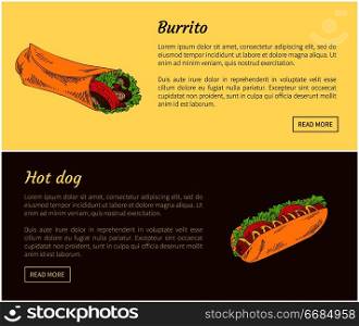 Burrito and hot dog fast food set. Nutritious meal made of bread, vegetables and salad leaves meat. Posters with headline title vector illustration. Burrito and Hot Dog Food Set Vector Illustration