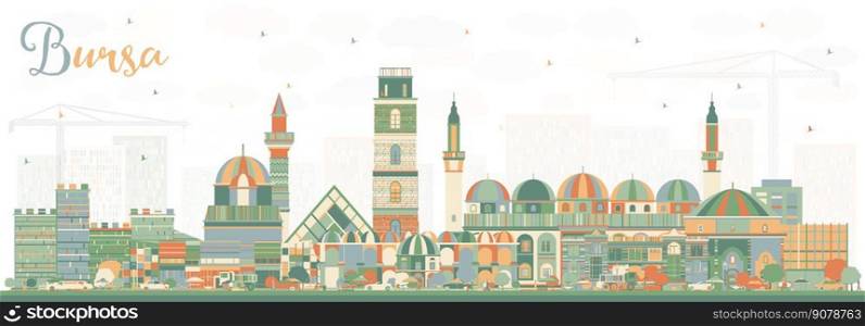 Bursa Turkey City Skyline with Color Buildings. Vector Illustration. Business Travel and Tourism Concept with Historic Architecture. Bursa Cityscape with Landmarks. 