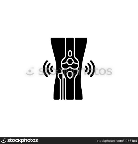 Bursitis black glyph icon. Inflamed joint. Painful swelling in elbow. Traumatic injury in sports. Bursa irritation. Muscle overuse. Silhouette symbol on white space. Vector isolated illustration. Bursitis black glyph icon