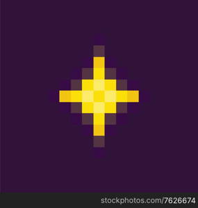Burst element or star trophy of space pixel game, neon light, led decoration, pixelated yellow star in flat design style, geometric shiny equipment vector, 8bit cosmic object for mobile app games. Space Pixel game, Yellow Star or Burst Vector