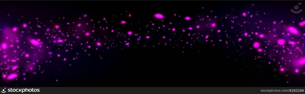 Burst of pink light sparkles glowing on transparent background. Vector realistic illustration of shiny color fireflies, magic power effect, confetti bokeh overlay pattern, abstract stardust texture. Burst of pink light sparkles on transparent