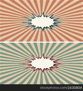 burst rays vintage comic book explosion color, effect speech, comic bubble text. Pop art style. Radial lines background. Explosion vector illustration template