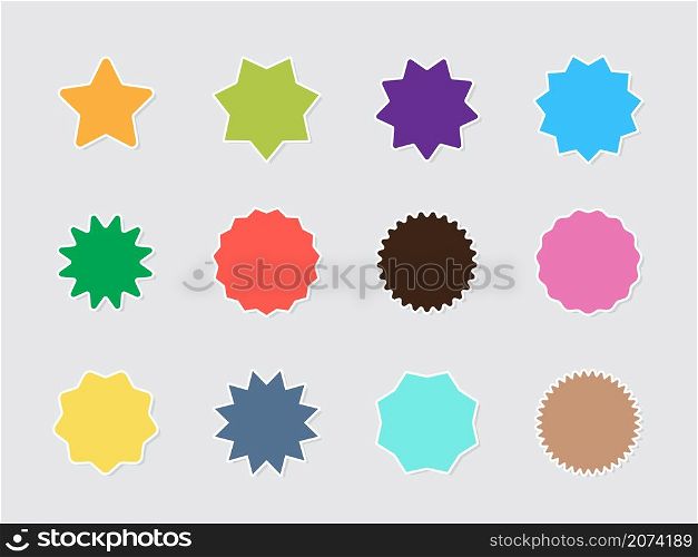 Burst stars. Circle colored emblems promo badges round starburst shapes garish vector flat labels collection stylized forms. Star promotion to advertising, quality colorweb signs illustration. Burst stars. Circle colored emblems promo badges round starburst shapes garish vector flat labels collection stylized forms