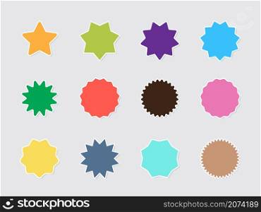 Burst stars. Circle colored emblems promo badges round starburst shapes garish vector flat labels collection stylized forms. Star promotion to advertising, quality colorweb signs illustration. Burst stars. Circle colored emblems promo badges round starburst shapes garish vector flat labels collection stylized forms