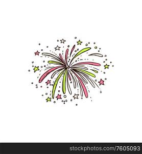 Bursting festive fireworks isolated Cinco de Mayo holiday celebration. Vector sparkles and stars. Fireworks isolated Mexican holiday party bursts