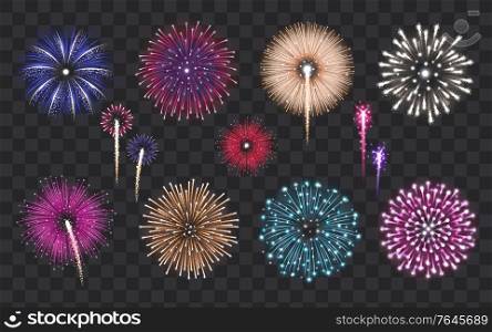 Bursting fireworks of various color and shape icons set isolated on transparent background vector illustration