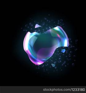 Bursting soap bubbles process stage vector illustration, realistic transparent exploding air spheres of rainbow colors with reflections and highlights, isolated on black background. Bursting soap bubbles process stage vector