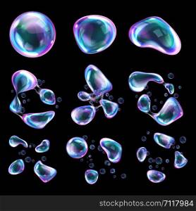 Bursting soap bubbles process stages, realistic transparent air spheres of rainbow colors with reflections and highlights deform and explode from blowing wind, vector illustrations isolated set. Bursting soap rainbow bubbles with reflections