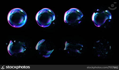 Bursting soap bubbles process stages, realistic transparent exploding air spheres of rainbow colors with reflections and highlights, isolated on checkered background, set of vector illustrations. Bursting soap rainbow bubbles with reflections