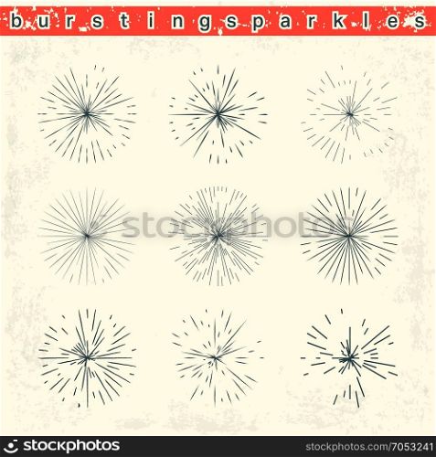 Bursting spakles set. Set of circular vintage bursting sparkles on grunge background. Sunburst rays vector design.
