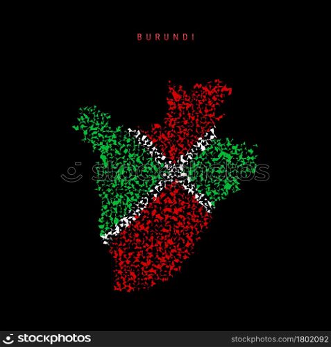 Burundi flag map, chaotic particles pattern in the colors of the Burundian flag. Vector illustration isolated on black background.. Burundi flag map, chaotic particles pattern in the Burundian flag colors. Vector illustration