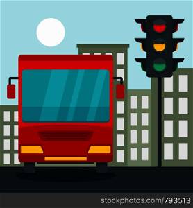 Bus at stop light concept background. Flat illustration of bus at stop light vector concept background for web design. Bus at stop light concept background, flat style