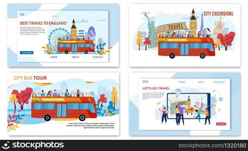 Bus City Tours, Excursionist Services for Travelers, Vacation World Trip Trendy Flat Vector Web Banners, Landing Pages Set. Tourists Going on Travel with Hop-on-Hop-Off Bus, Making Selfie Illustration