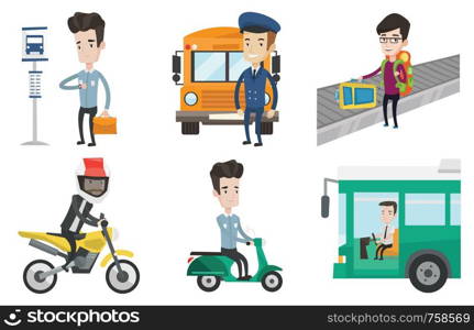 Bus driver sitting at steering wheel. Man driving passenger bus. School bus driver waving. Man picking up luggage on conveyor belt. Set of vector flat design illustrations isolated on white background. Transportation vector set with people traveling.