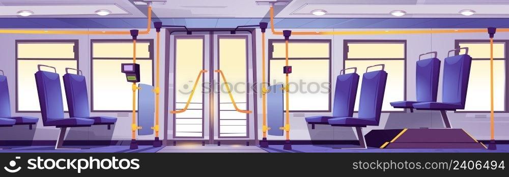 Bus interior, public transport empty salon with seats, handles, pos terminal for cashless payment and glass doors or windows. Urban commuter inside view, new city vehicle, Cartoon vector illustration. Bus interior, public transport empty salon vehicle