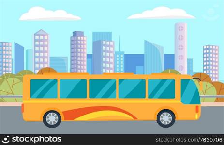 Bus on road in city street with trees and skyscrapers. Yellow public transport, park and downtown, urban architecture and vehicle, cityscape and transportation. Tourist bus for bus travel in new town. City Street and Bus, Skyscrapers and Downtown