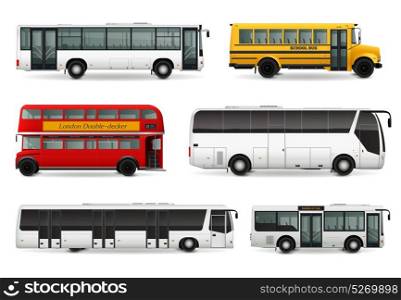 Bus Realistic Set. Realistic set with school bus modern urban and touristic transport london double decker vehicle isolated vector illustration