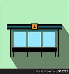 Bus station icon in flat style on a light blue background. Bus station icon, flat style