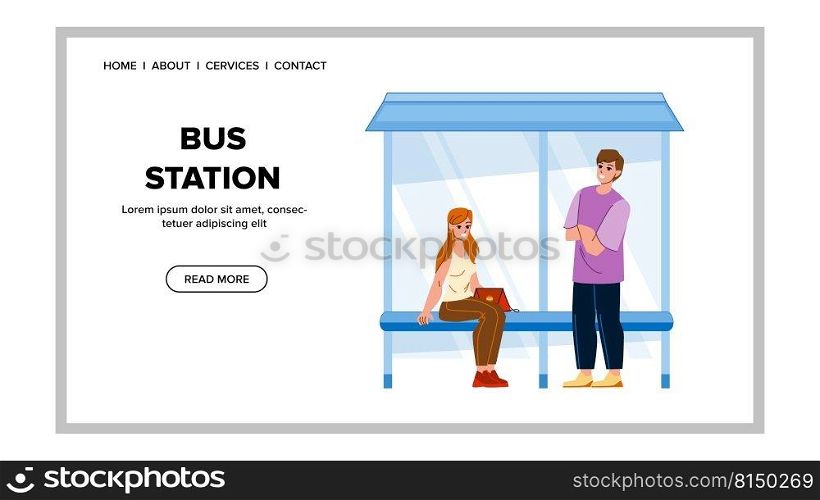 bus station vector. street stop travel, city man woman witing transport, trip journey bus station character. people flat cartoon illustration. bus station vector