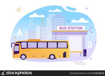 Bus Station with Vehicle Waiting for Psssengers Flat Cartoon Vector Illustration. Puplic Transport Route around City or Town. Urban and Countryside Traffic Concept. Comfortable Moving.