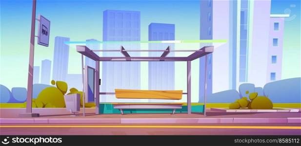 Bus stop, city station for commuter transport. Glass shelter with wooden bench, litter bin and schedule on roadside with cityscape . Summer urban landscape, game background Cartoon vector illustration. Bus stop, city station for commuter transport