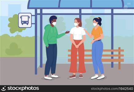 Bus stop during pandemic flat color vector illustration. After covid health precaution to be on public street. People in face masks talking 2D cartoon characters with cityscape on background. Bus stop during pandemic flat color vector illustration
