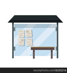 Bus stop. Glass facade and bench. Schedule of public transport. Cartoon flat illustration. Element of urban landscape. Bus stop. Glass facade and bench.