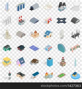 Bus stop icons set. Isometric style of 36 bus stop vector icons for web for any design. Bus stop icons set, isometric style