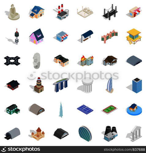 Bus stop icons set. Isometric style of 36 bus stop vector icons for web isolated on white background. Bus stop icons set, isometric style