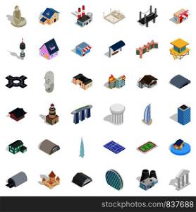 Bus stop icons set. Isometric style of 36 bus stop vector icons for web isolated on white background. Bus stop icons set, isometric style