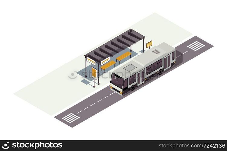 Bus stop isometric color vector illustration. Waiting station. Public urban transportation infographic. City transport. Town traffic. Auto 3d concept isolated on white background