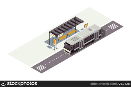 Bus stop isometric color vector illustration. Waiting station. Public urban transportation infographic. City transport. Town traffic. Auto 3d concept isolated on white background