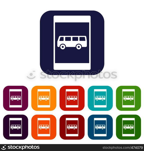 Bus stop sign icons set vector illustration in flat style In colors red, blue, green and other. Bus stop sign icons set