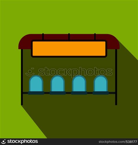 Bus stop station with white blank advertising panels icon in flat style on a green background. Bus stop station icon, flat style