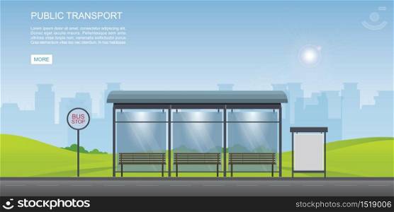 Bus stop with city view background and empty billboard. Vector illustration in flat design.